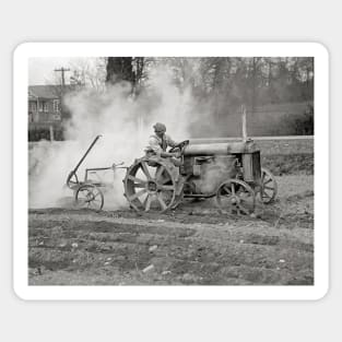 Farmer Driving Tractor, 1937. Vintage Photo Sticker